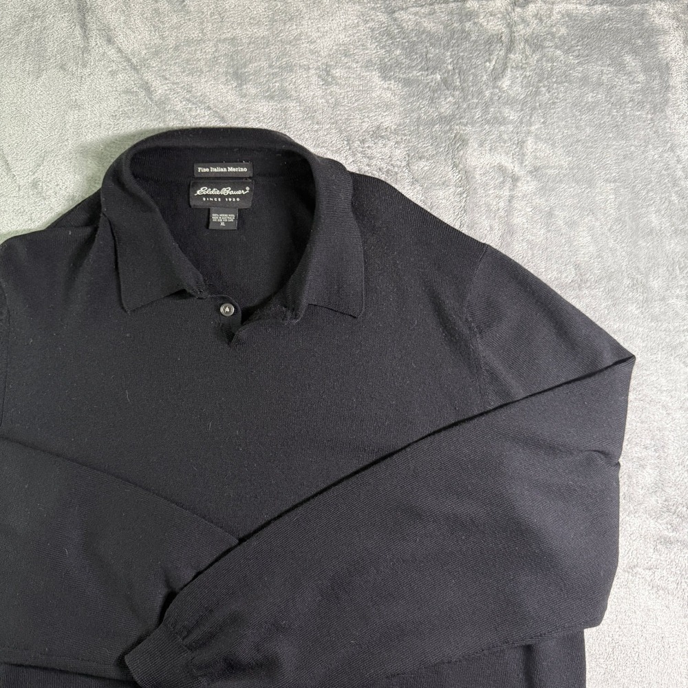 Eddie Bauer Merino Wool Sweater Polo Shirt Fine Italian Black XL